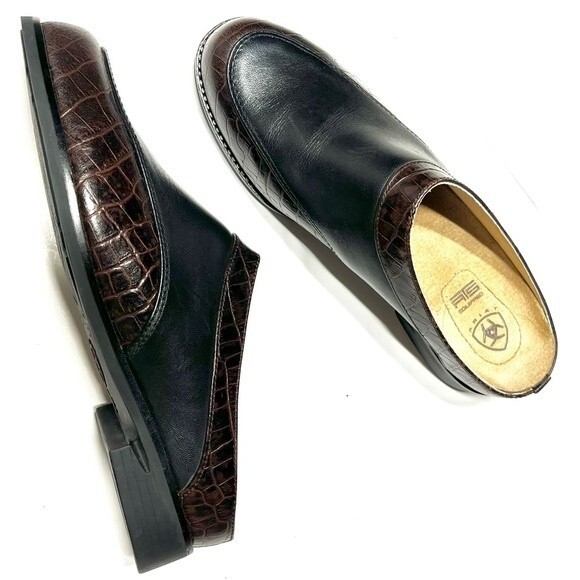 Ariat Croc Embossed Black and Brown Leather Slip-On Mule Clogs 7B NWOB - Picture 1 of 15
